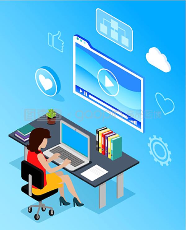 工作場所的商業網絡通信。辦公室使用手提電腦無線設備的女性。藍色的媒體顯示和互聯網圖標像和云。PC向量的數字營銷專家。計算機向量的數字營銷專家